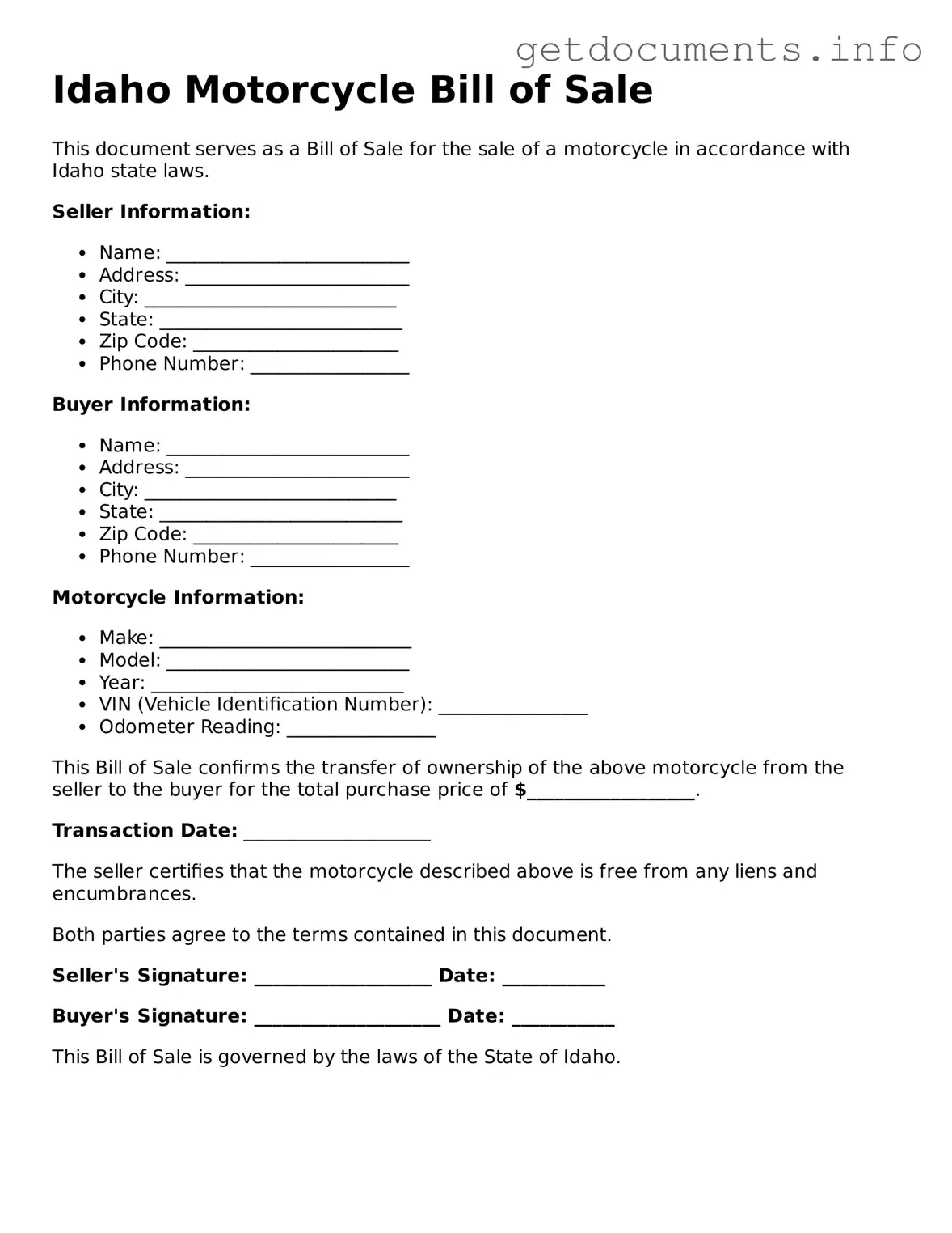 Free Motorcycle Bill of Sale Template for Idaho