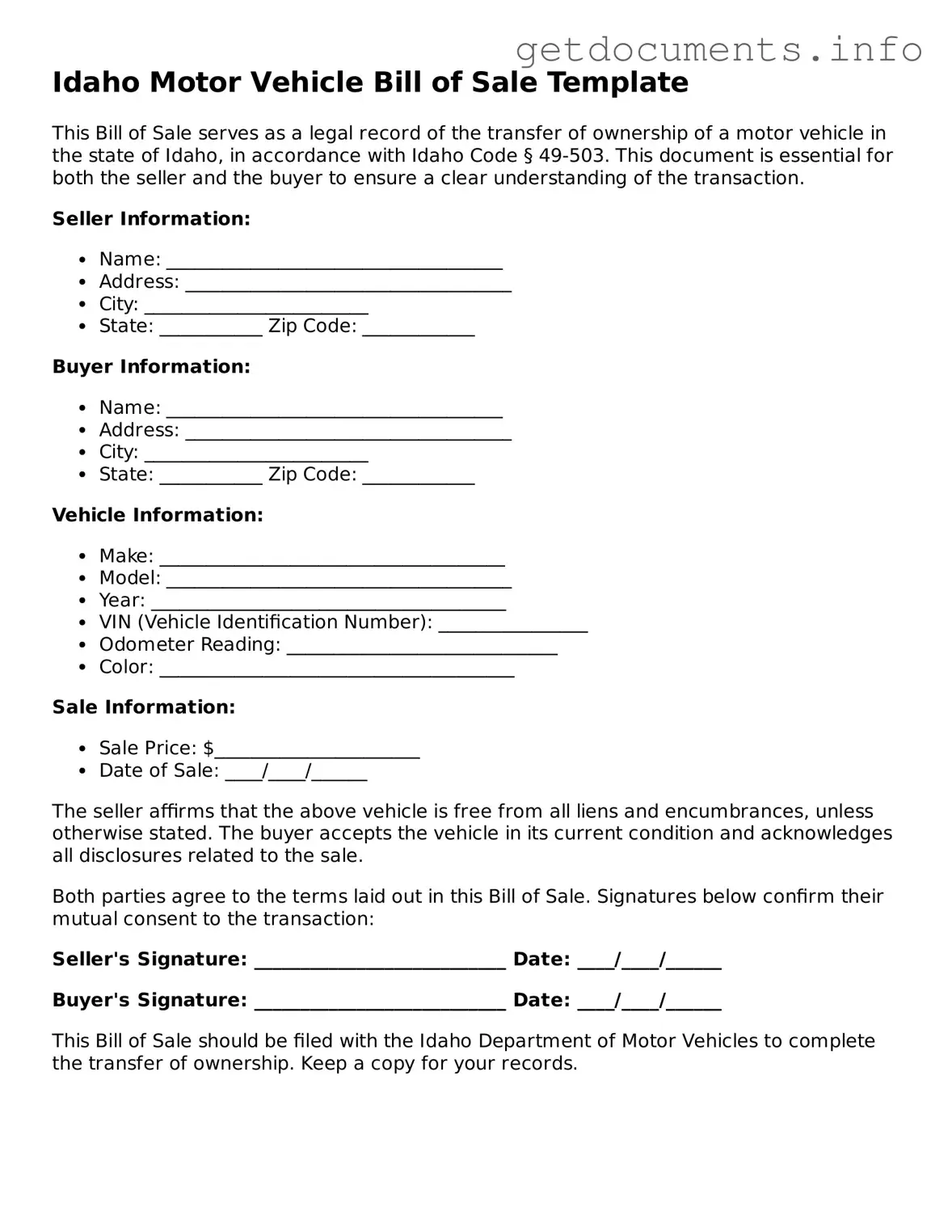 Free Motor Vehicle Bill of Sale Template for Idaho