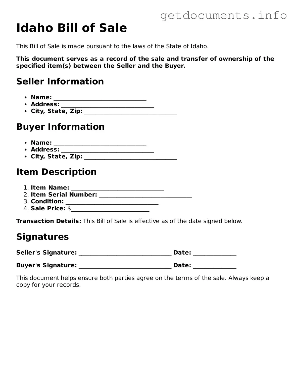 Free Bill of Sale Template for Idaho