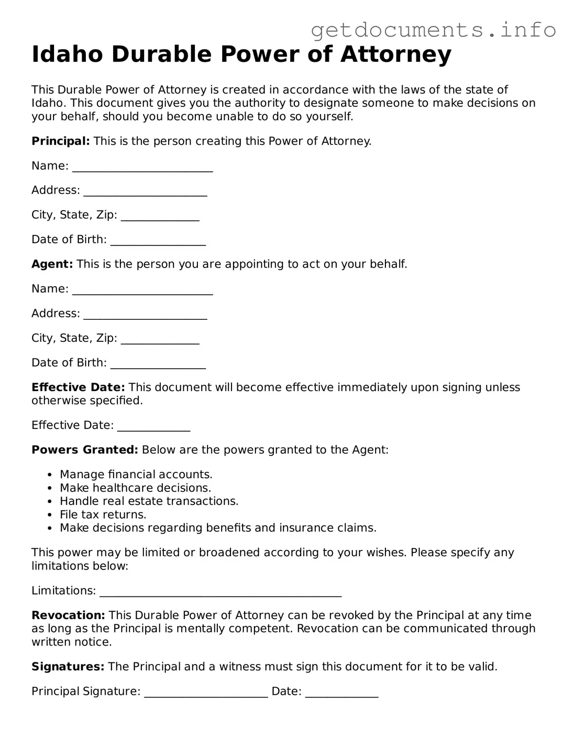 Free Durable Power of Attorney Template for Idaho