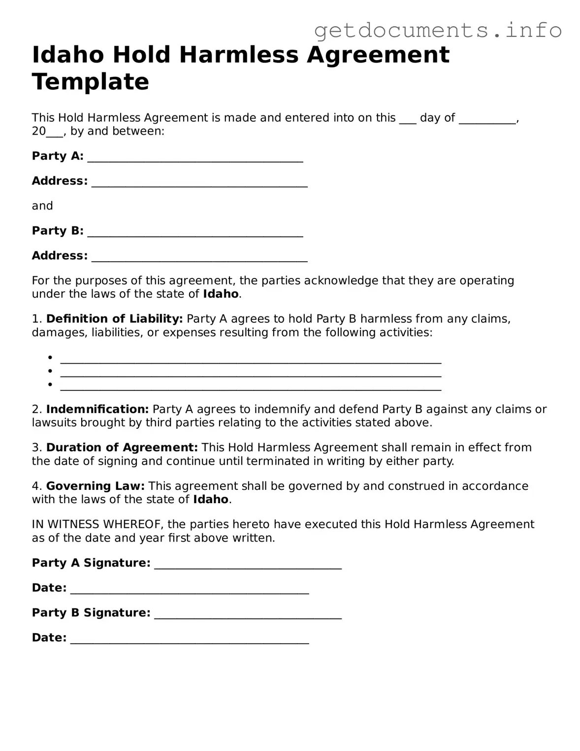 Free Hold Harmless Agreement Template for Idaho