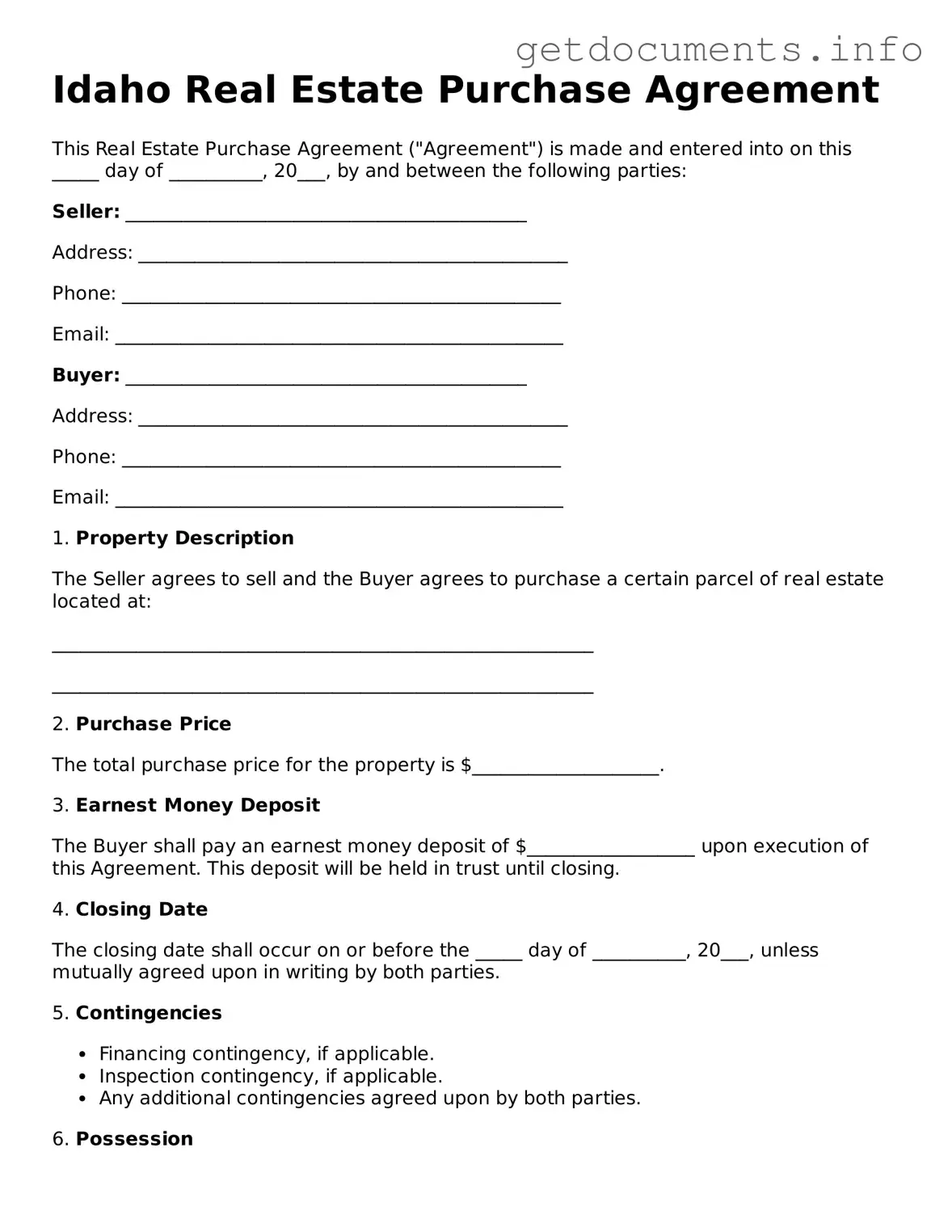 Free Real Estate Purchase Agreement Template for Idaho