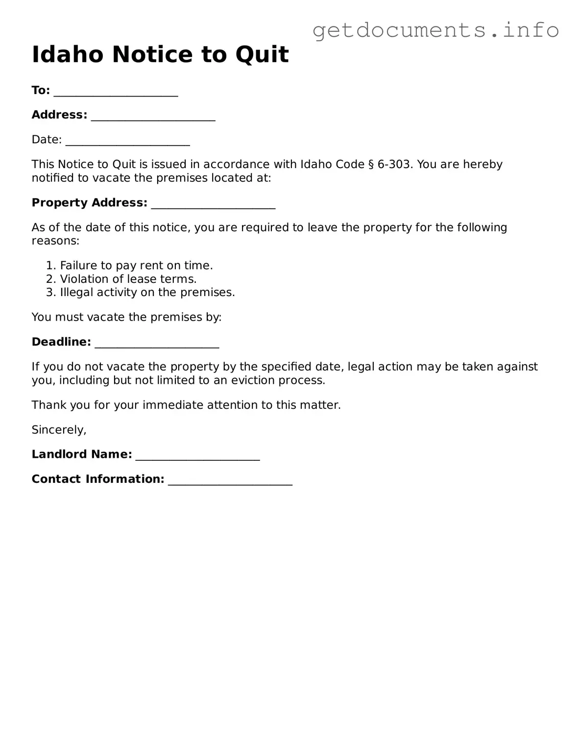 Free Notice to Quit Template for Idaho
