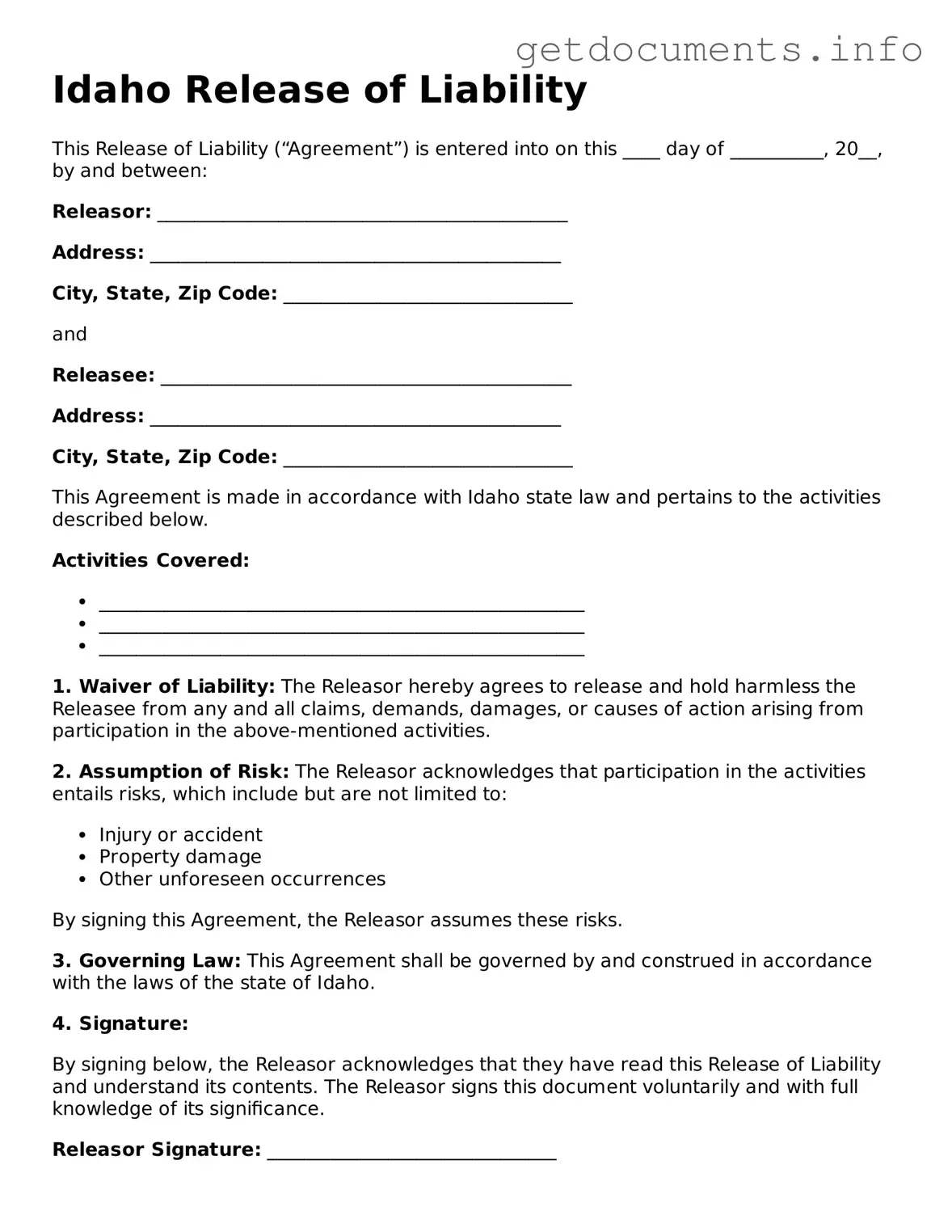 Free Release of Liability Template for Idaho