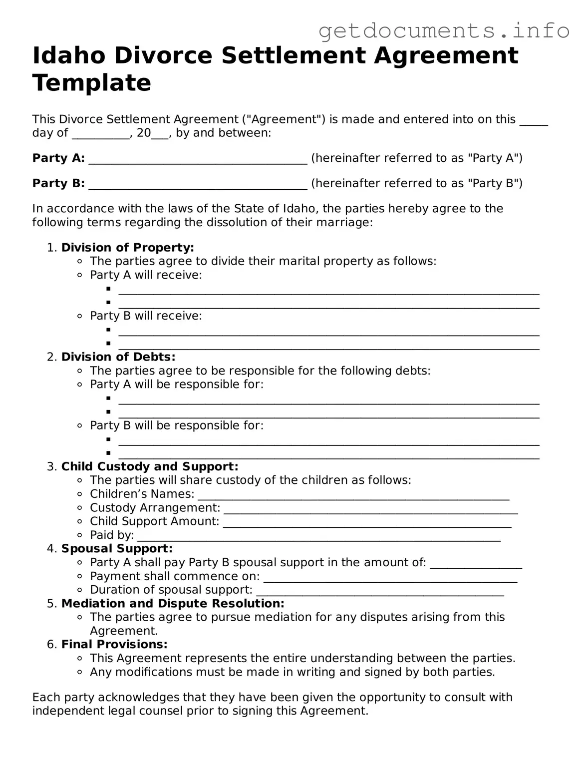 Free Divorce Settlement Agreement Template for Idaho