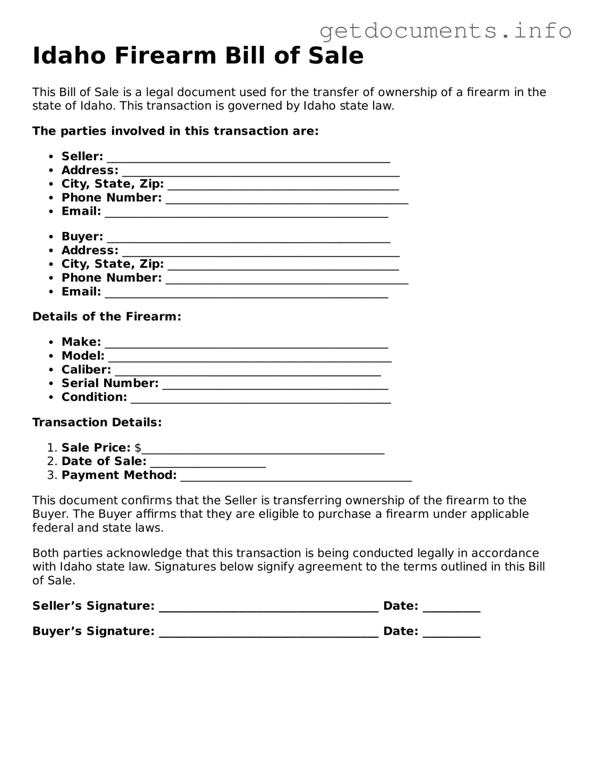 Free Firearm Bill of Sale Template for Idaho