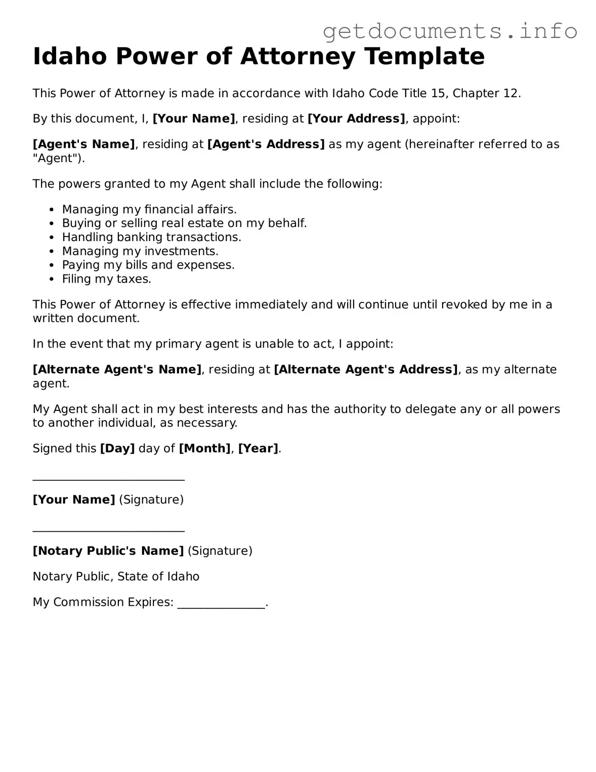 Free Power of Attorney Template for Idaho