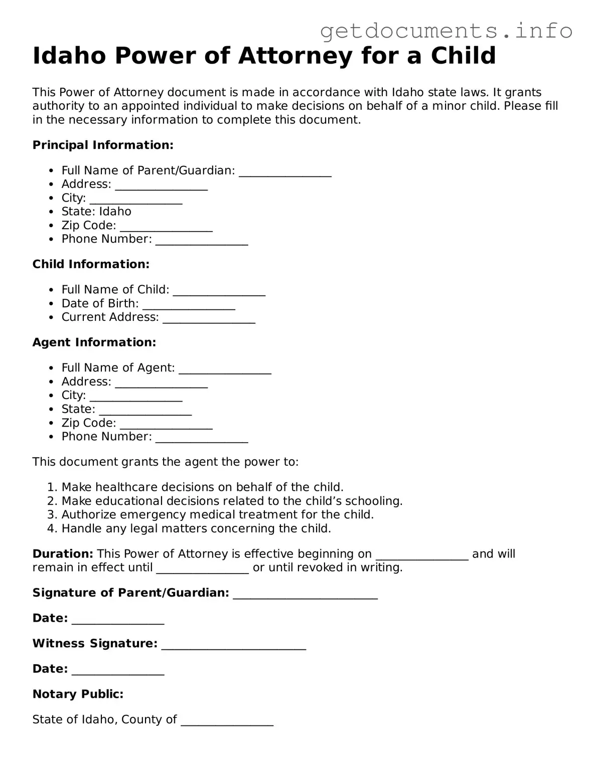 Free Power of Attorney for a Child Template for Idaho