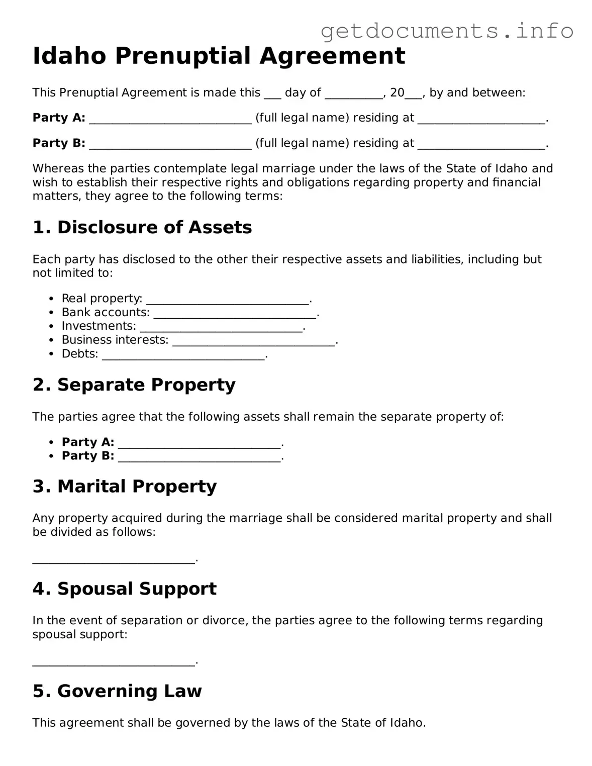 Free  Prenuptial Agreement Template for Idaho