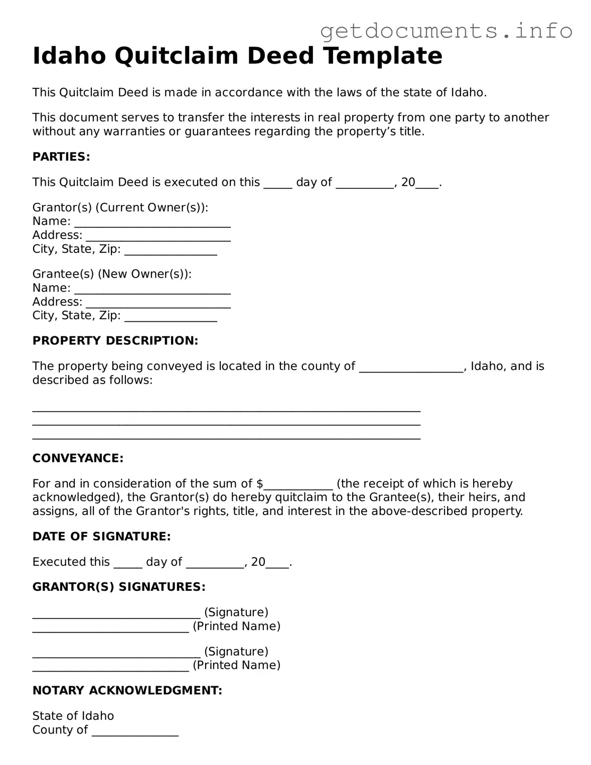 Free Quitclaim Deed Template for Idaho