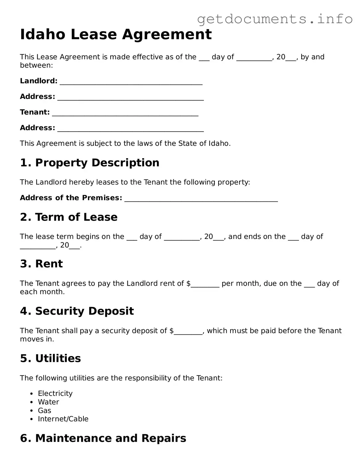 Free Lease Agreement Template for Idaho