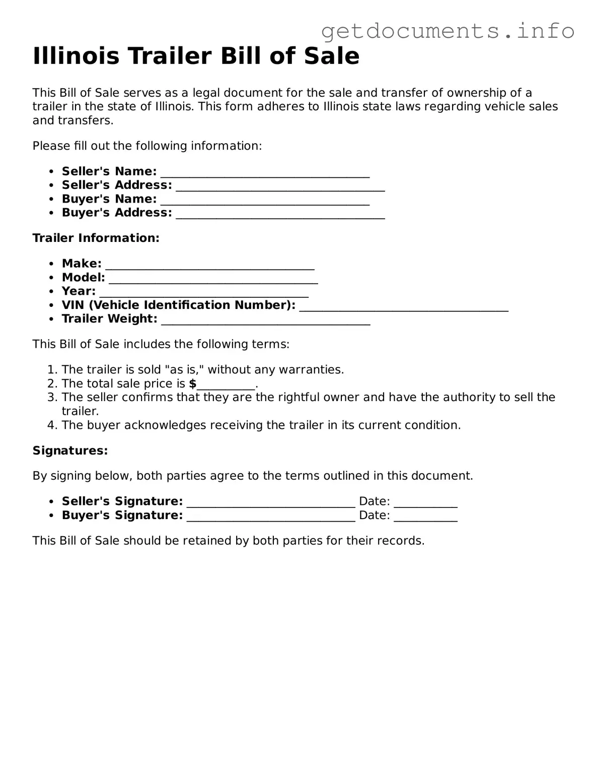 Free Trailer Bill of Sale Template for Illinois