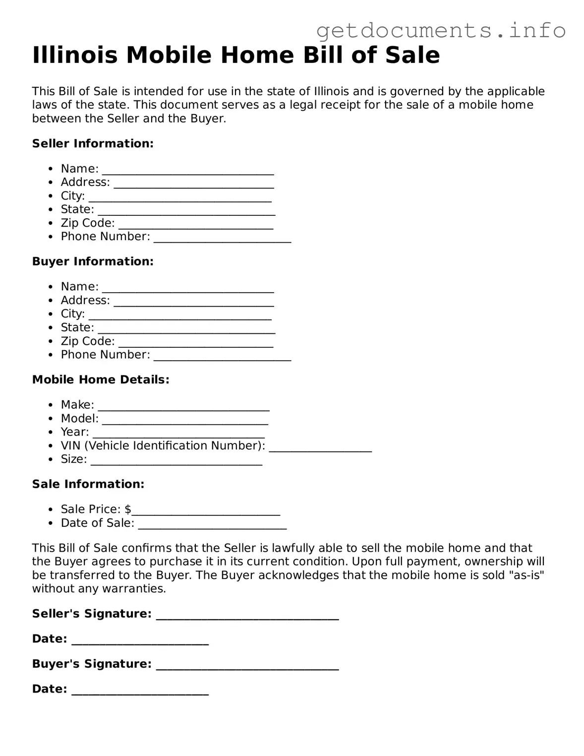 Free Mobile Home Bill of Sale Template for Illinois