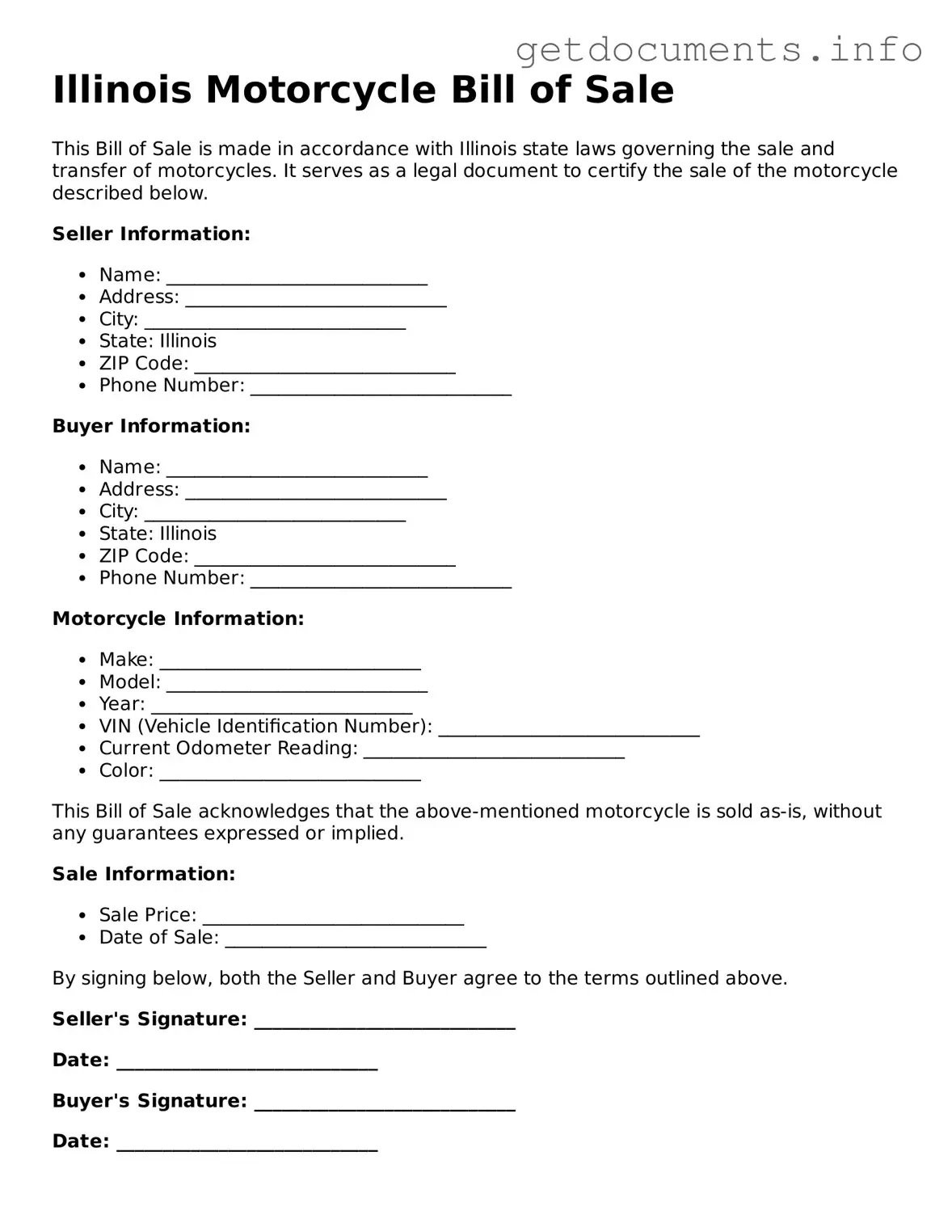 Free  Motorcycle Bill of Sale Template for Illinois