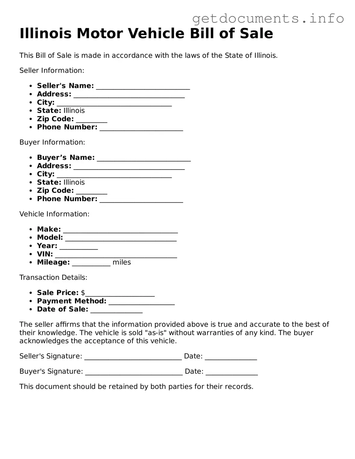 Free Motor Vehicle Bill of Sale Template for Illinois