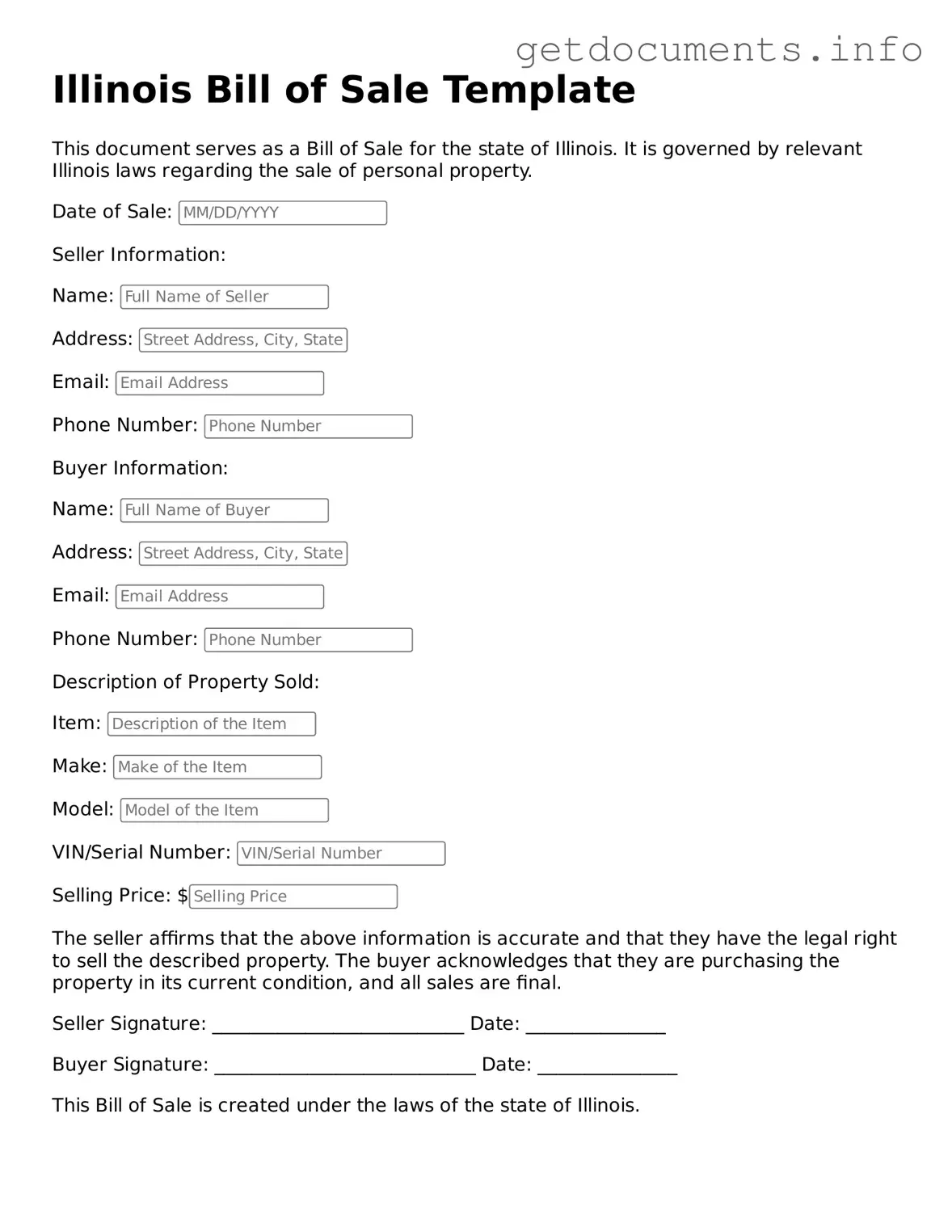 Free Bill of Sale Template for Illinois