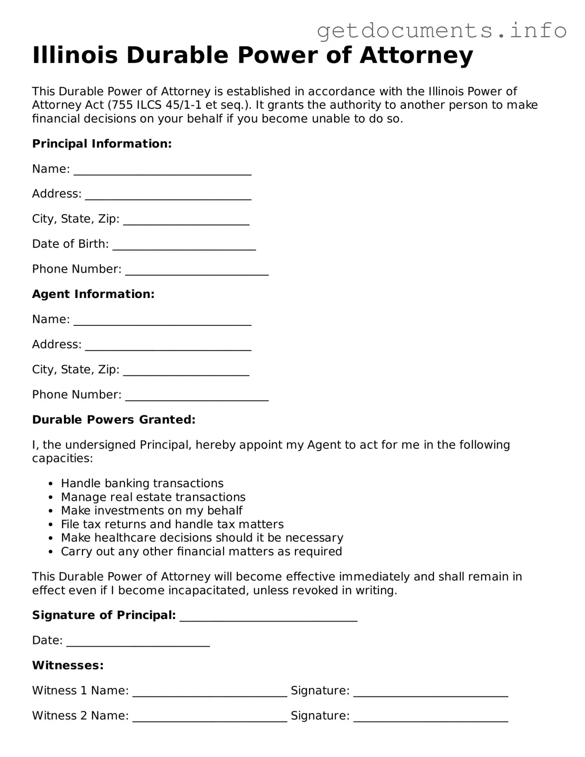 Free Durable Power of Attorney Template for Illinois