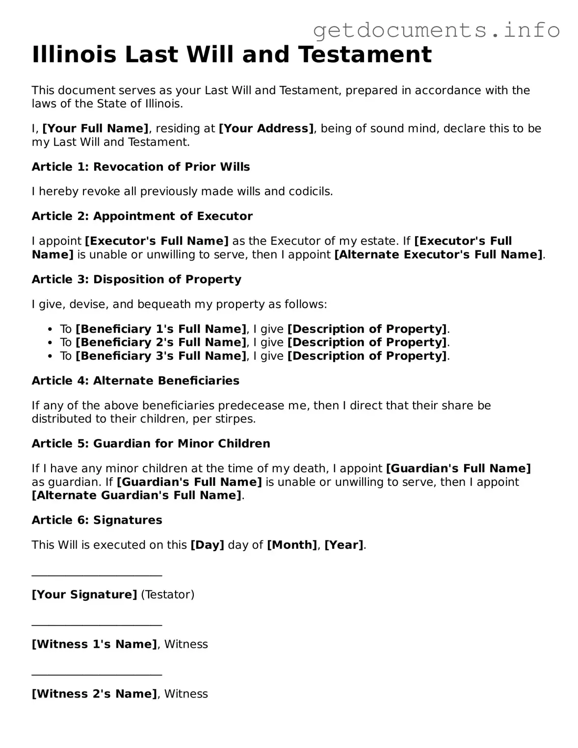 Free Last Will and Testament Template for Illinois