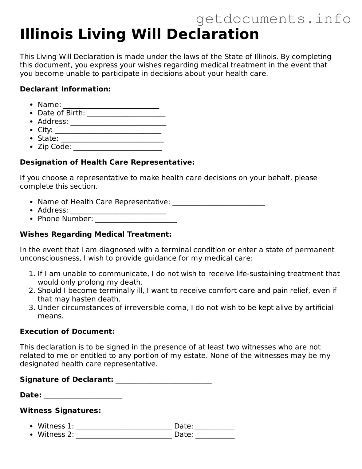 Free  Living Will Template for Illinois