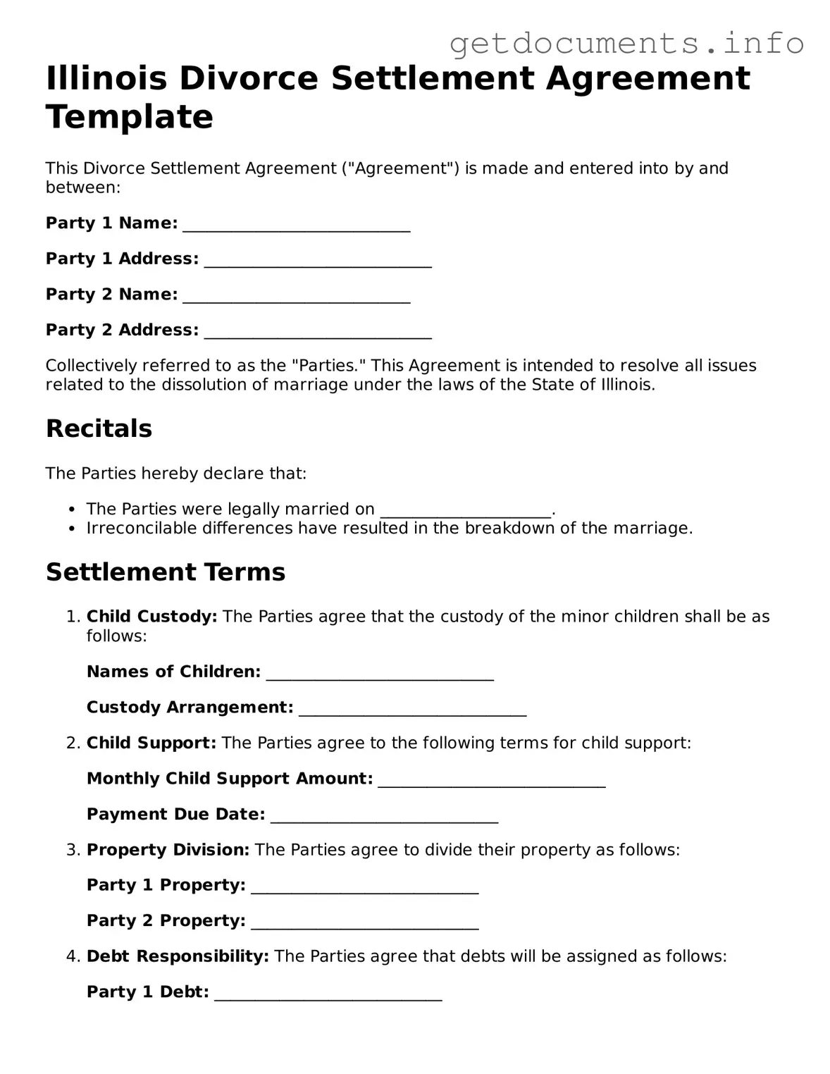Free Divorce Settlement Agreement Template for Illinois