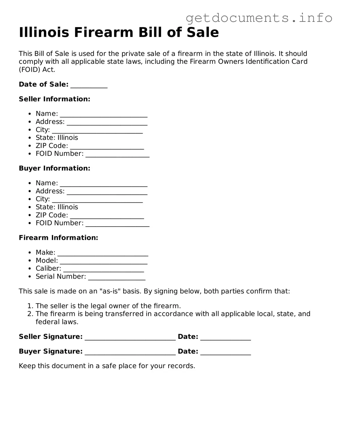 Free  Firearm Bill of Sale Template for Illinois