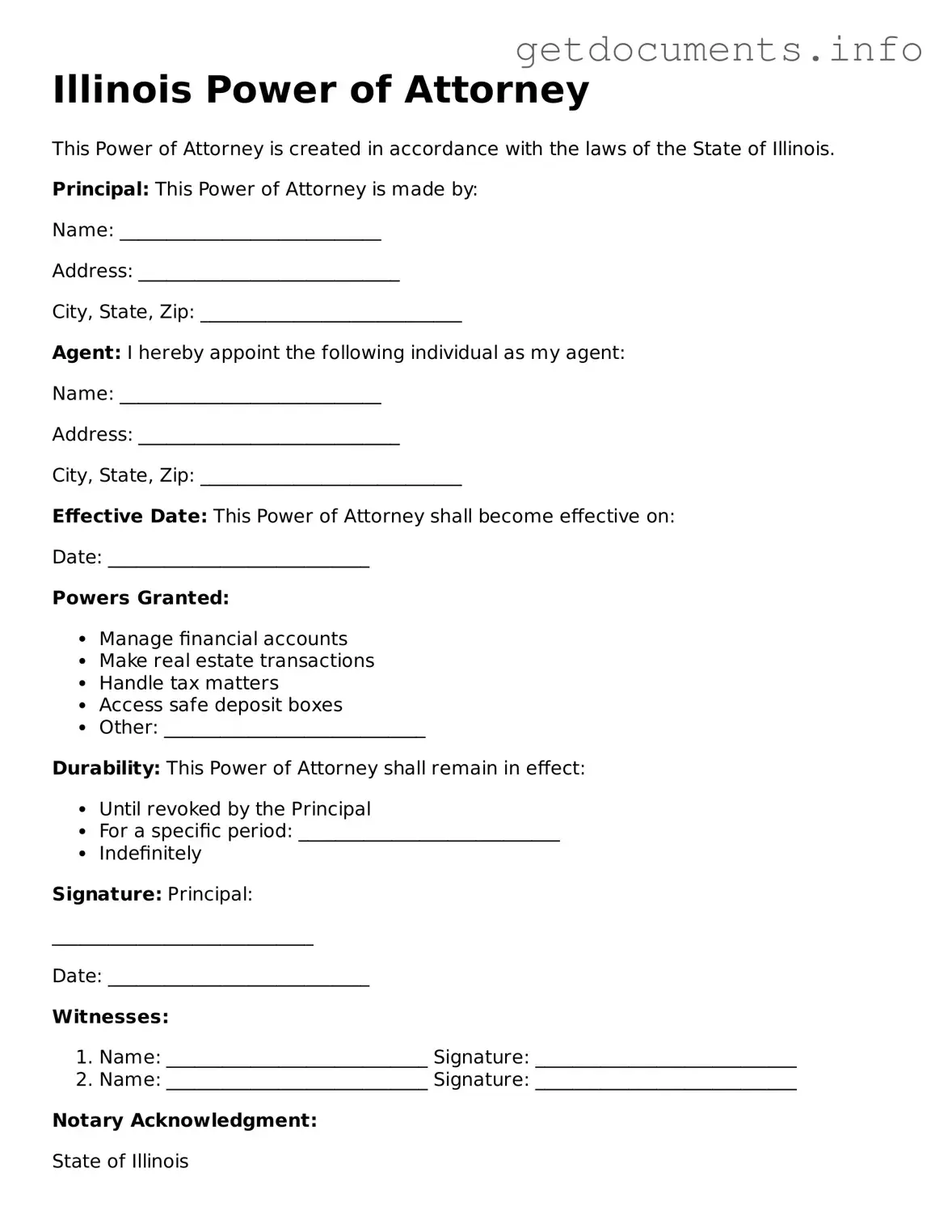 Free  Power of Attorney Template for Illinois