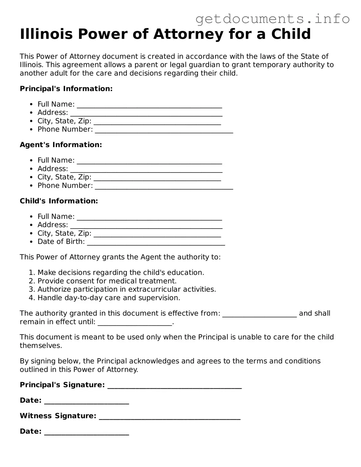 Free Power of Attorney for a Child Template for Illinois