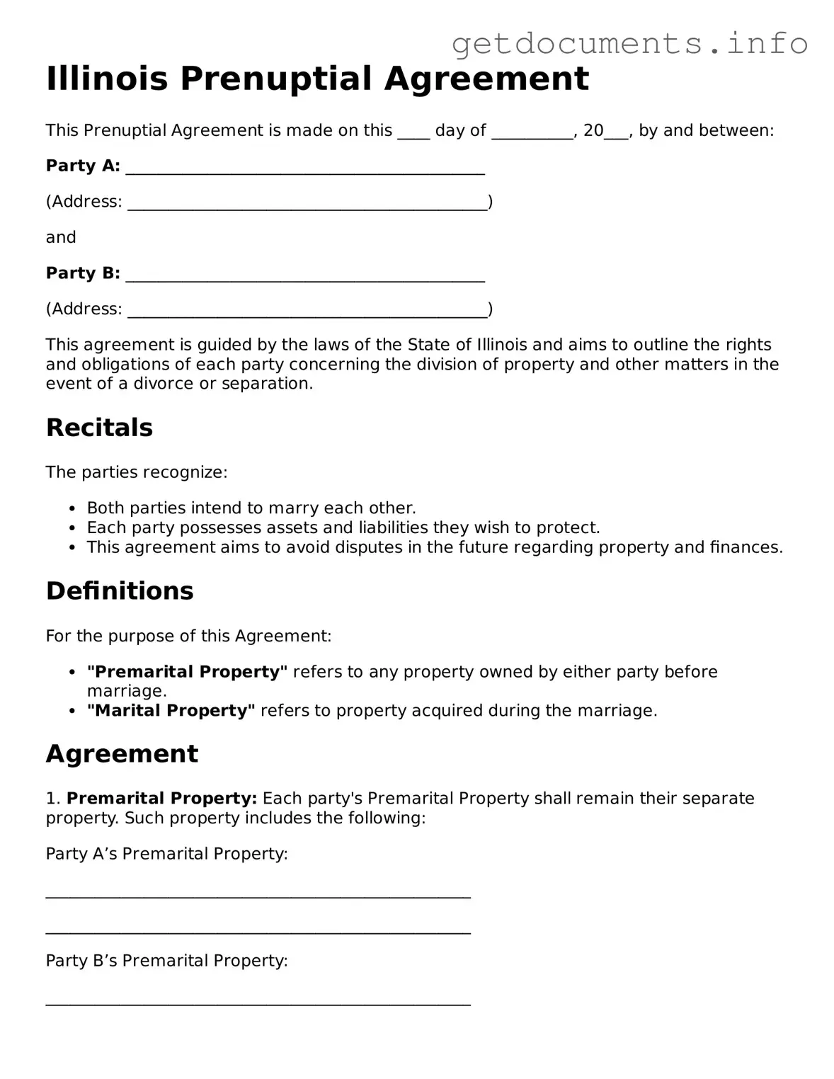 Free  Prenuptial Agreement Template for Illinois