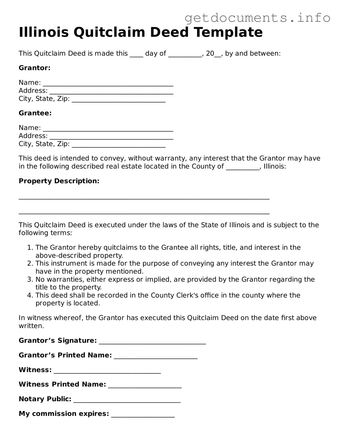 Free  Quitclaim Deed Template for Illinois