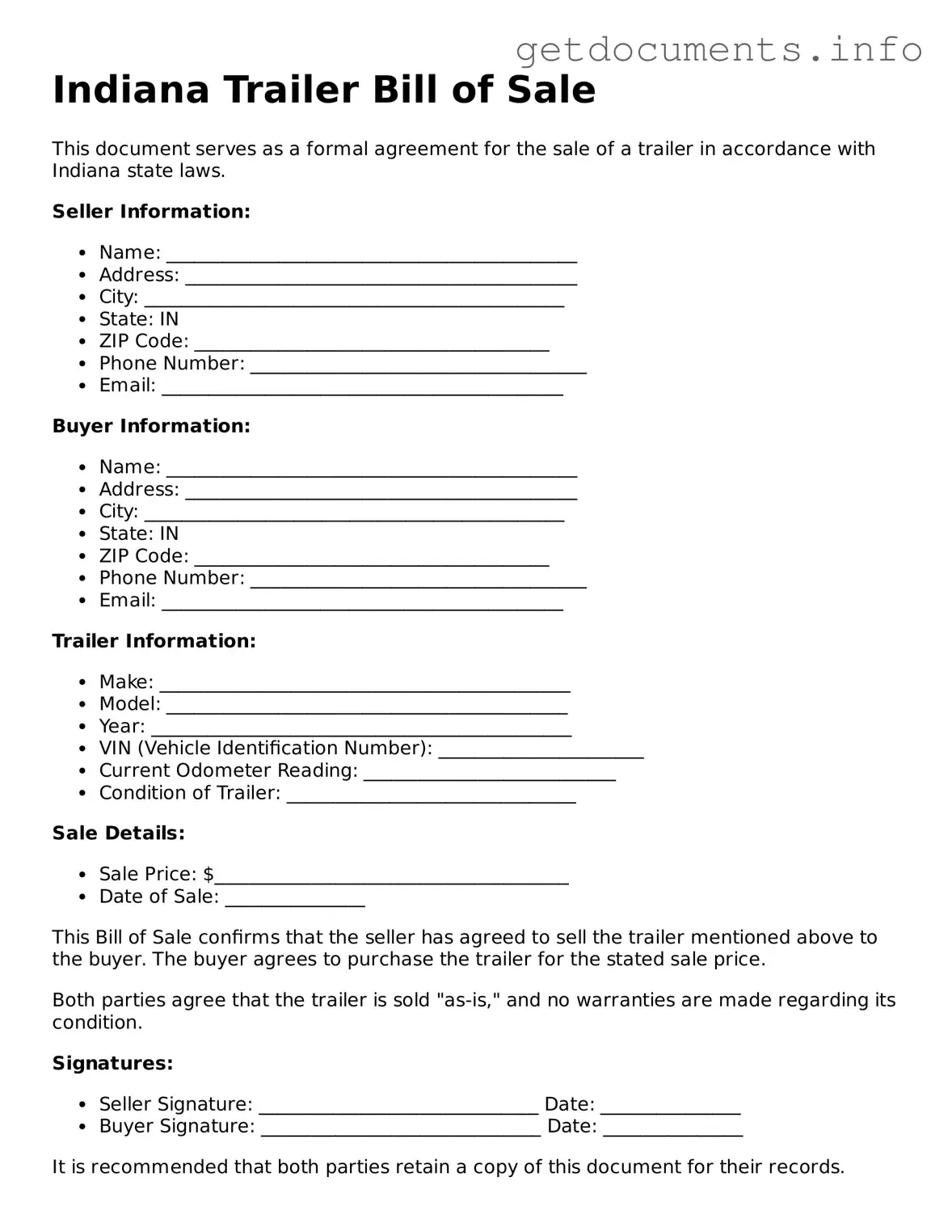 Free  Trailer Bill of Sale Template for Indiana