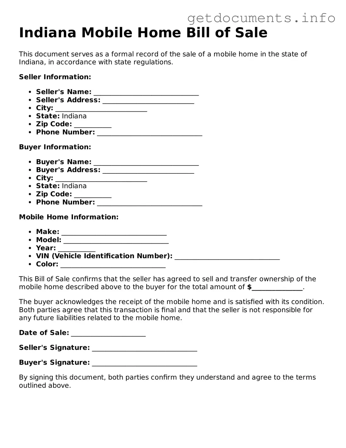 Free  Mobile Home Bill of Sale Template for Indiana