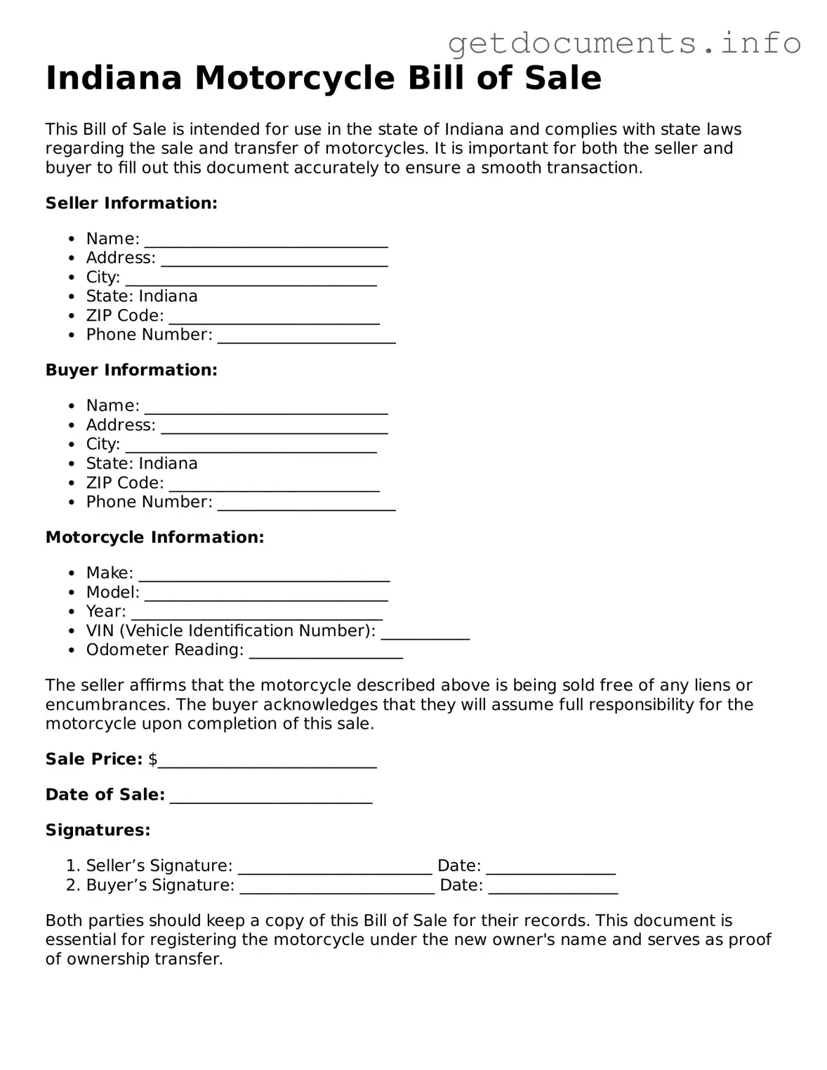 Free Motorcycle Bill of Sale Template for Indiana