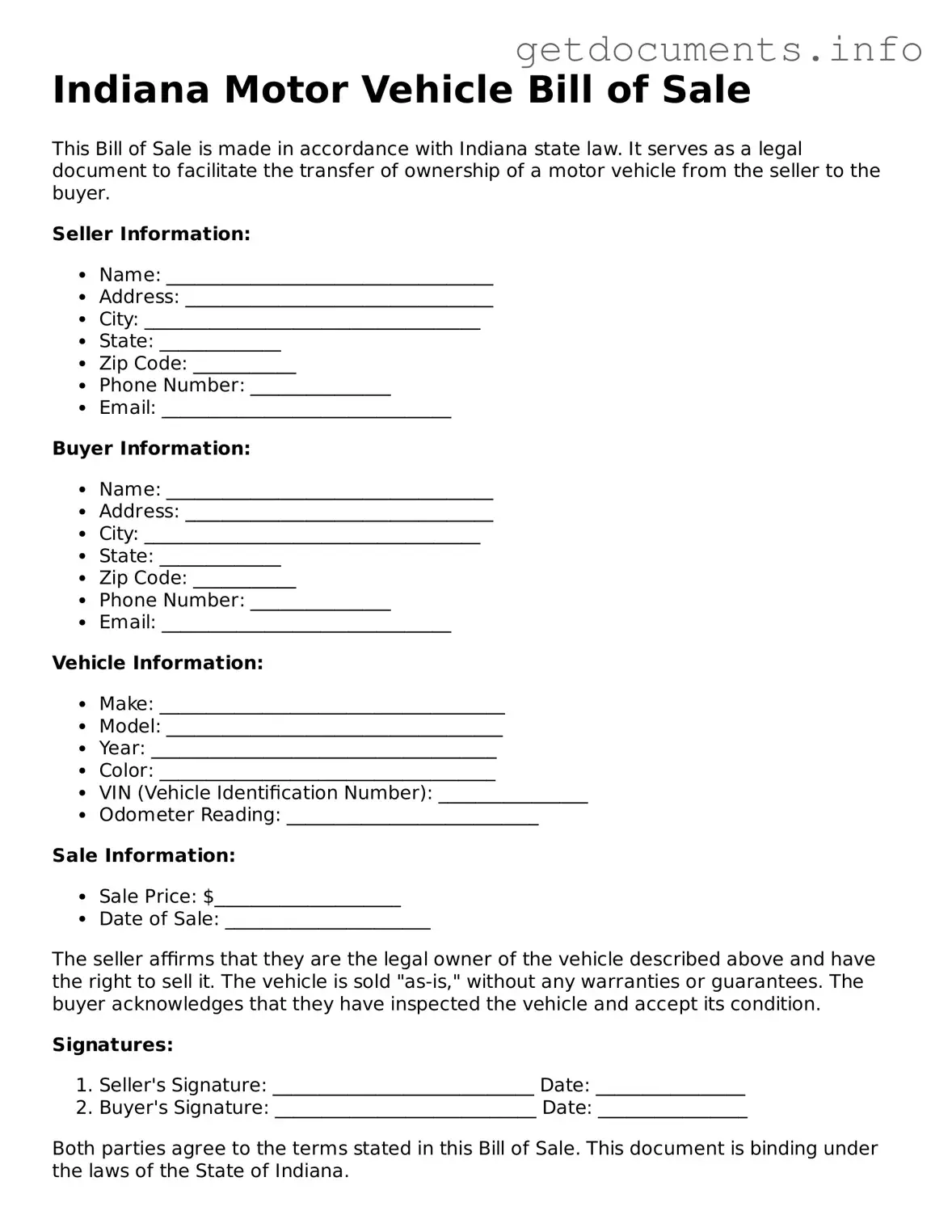 Free Motor Vehicle Bill of Sale Template for Indiana