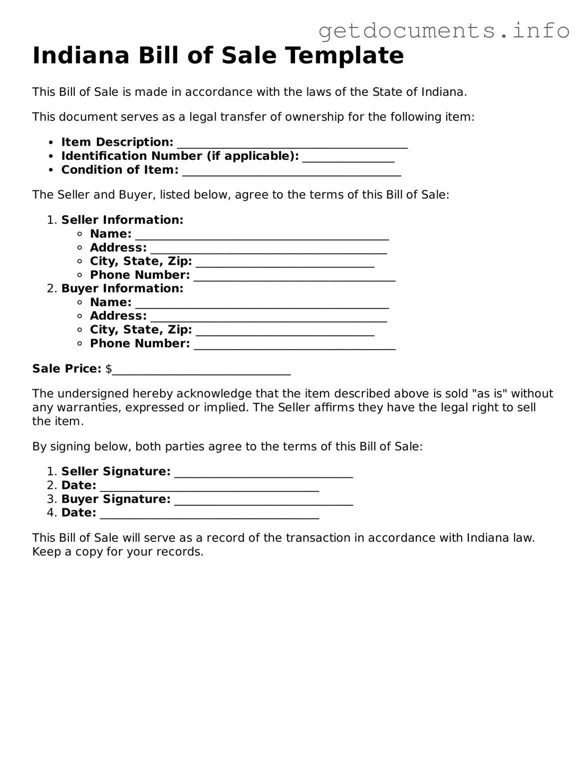 Free  Bill of Sale Template for Indiana