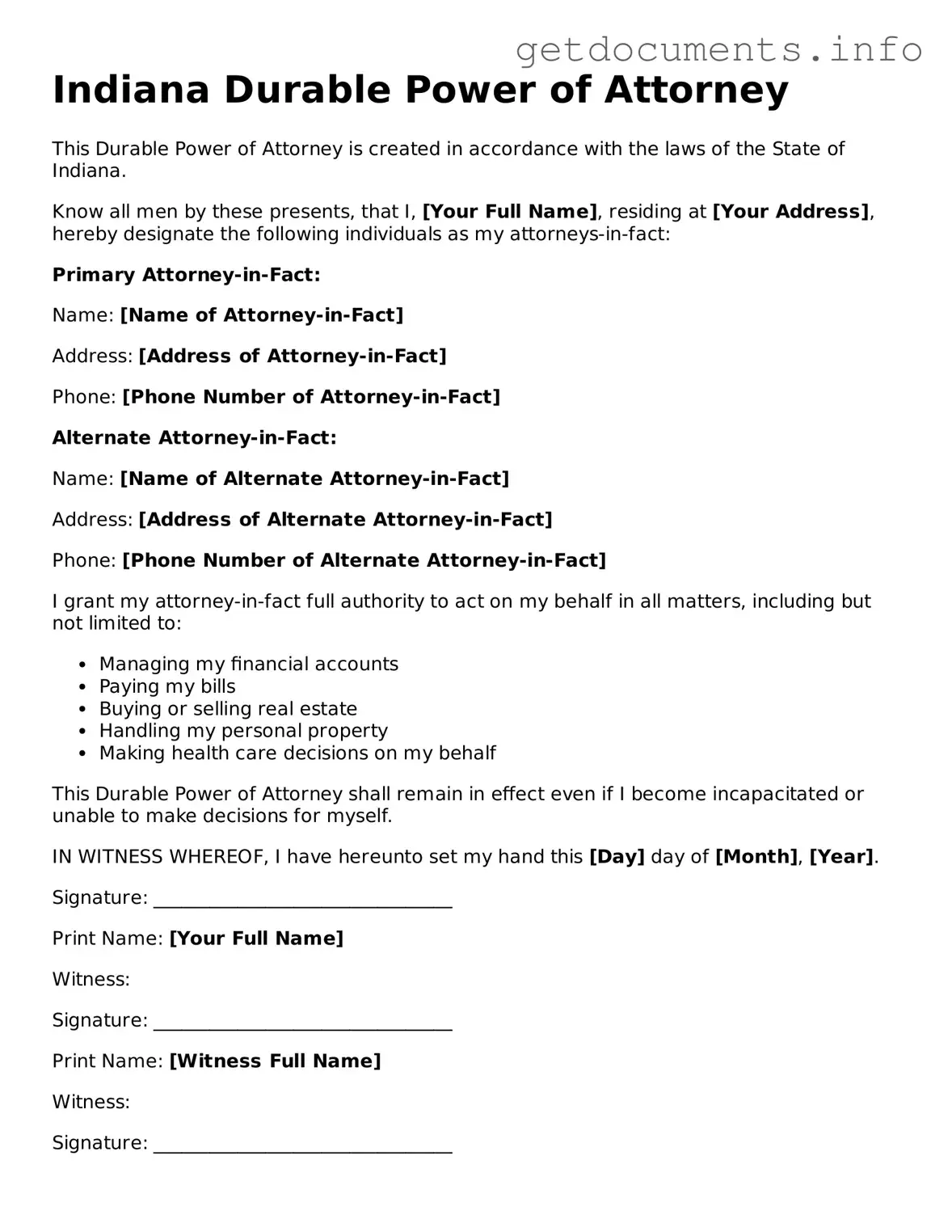 Free Durable Power of Attorney Template for Indiana