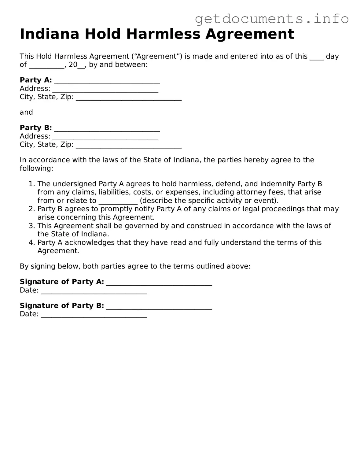 Free  Hold Harmless Agreement Template for Indiana