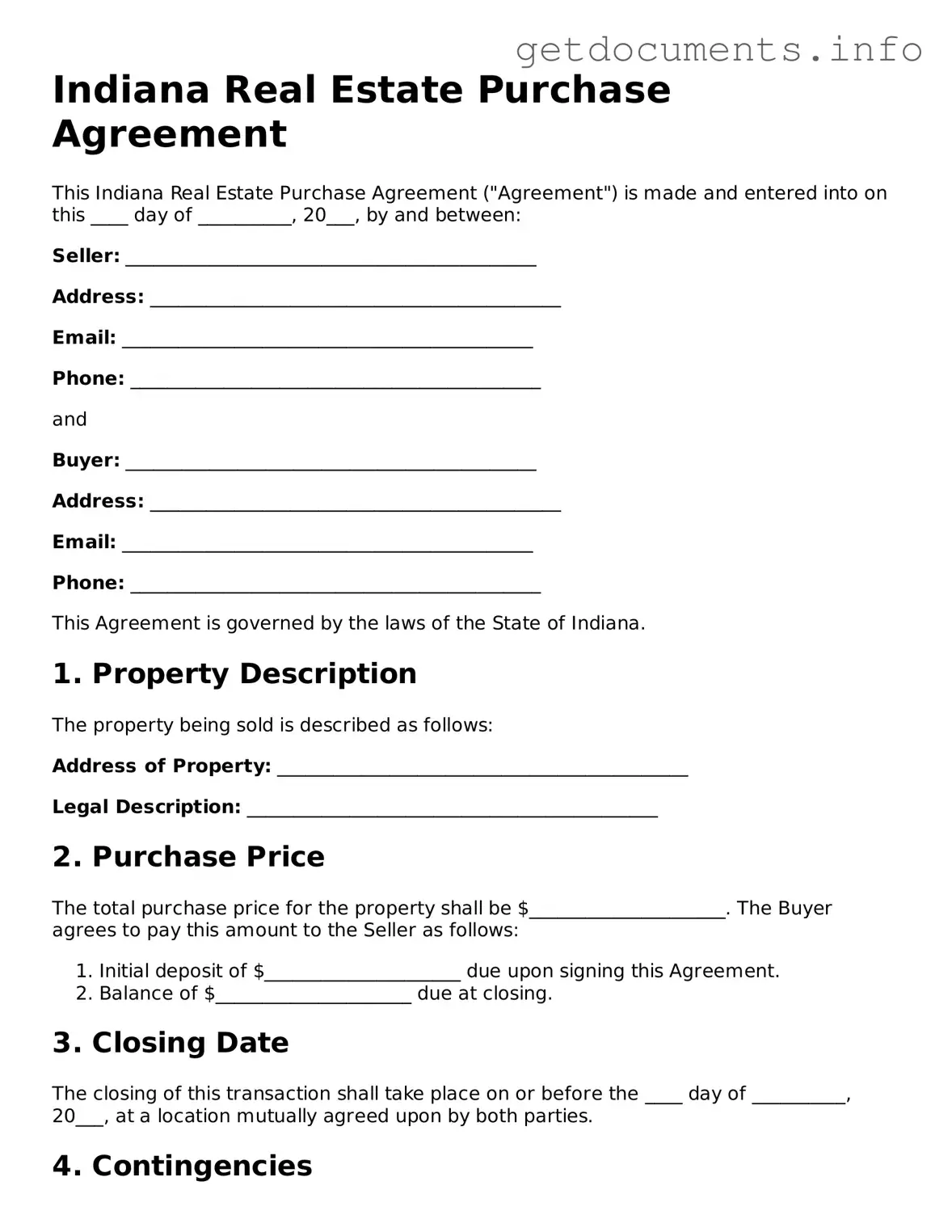 Free  Real Estate Purchase Agreement Template for Indiana