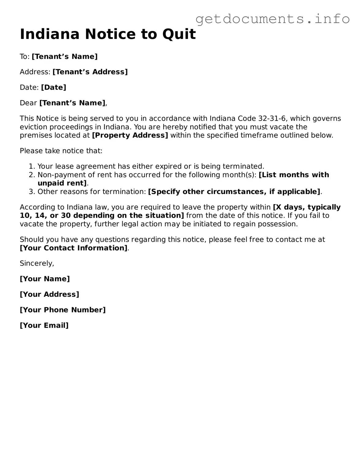 Free Notice to Quit Template for Indiana