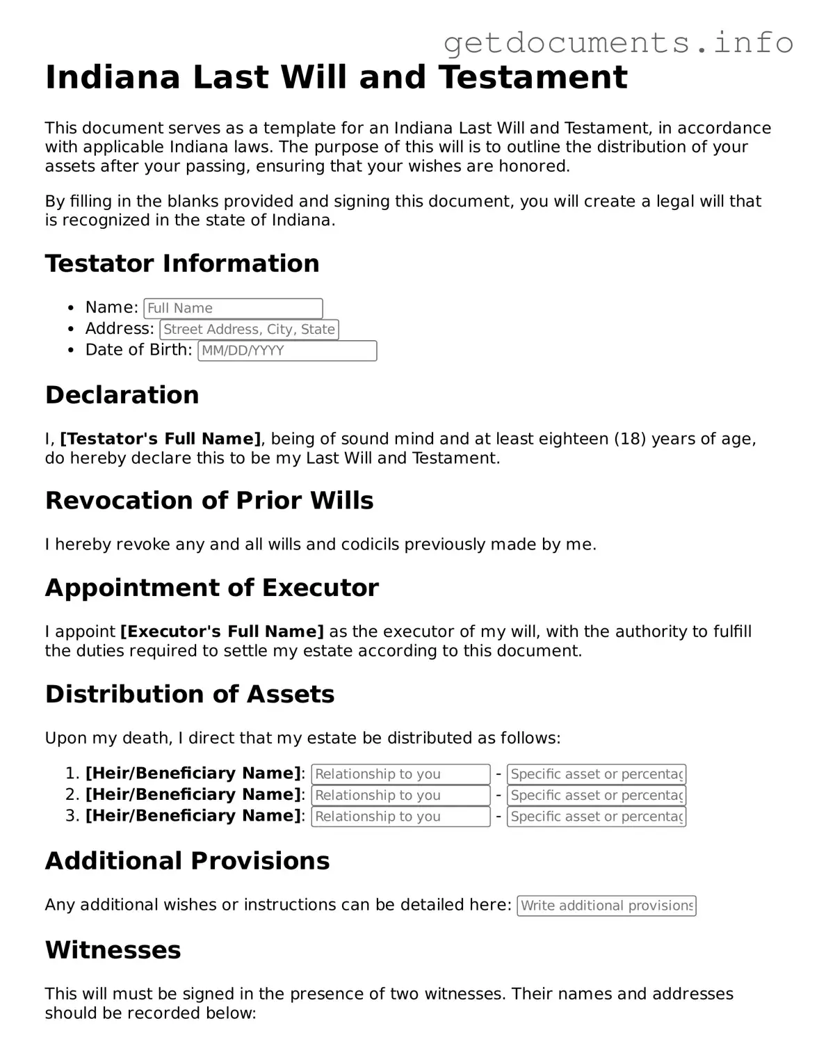 Free  Last Will and Testament Template for Indiana