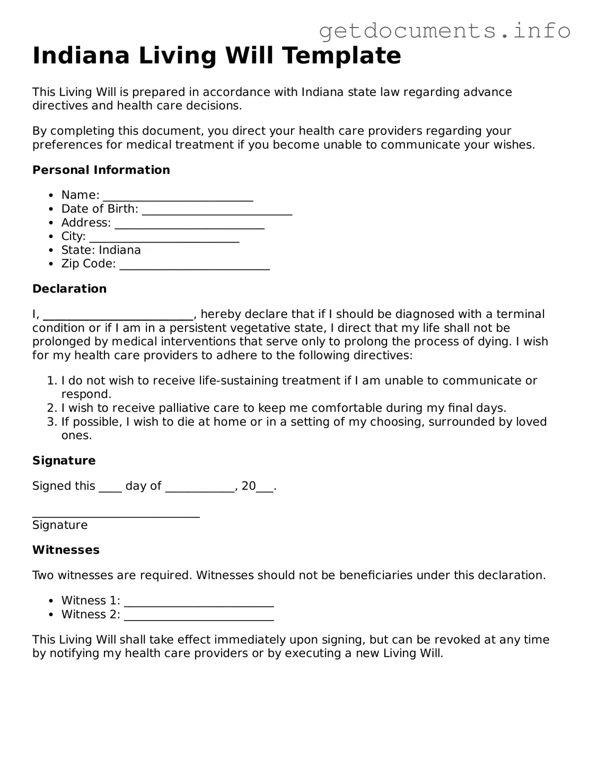 Free Living Will Template for Indiana
