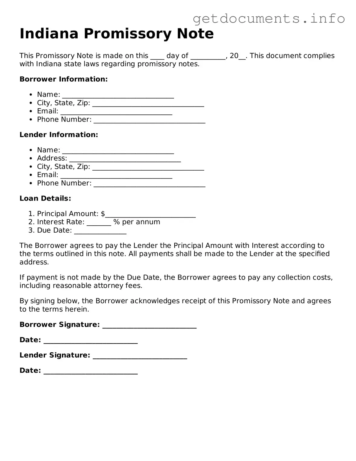 Free Promissory Note Template for Indiana
