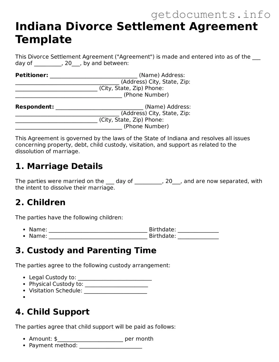 Free Divorce Settlement Agreement Template for Indiana