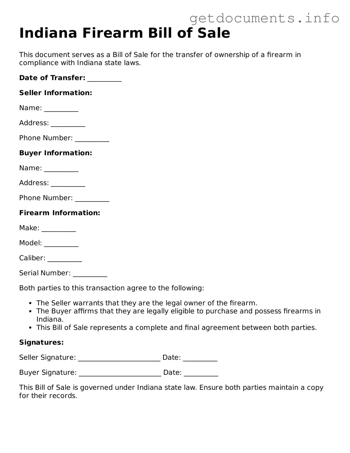 Free  Firearm Bill of Sale Template for Indiana