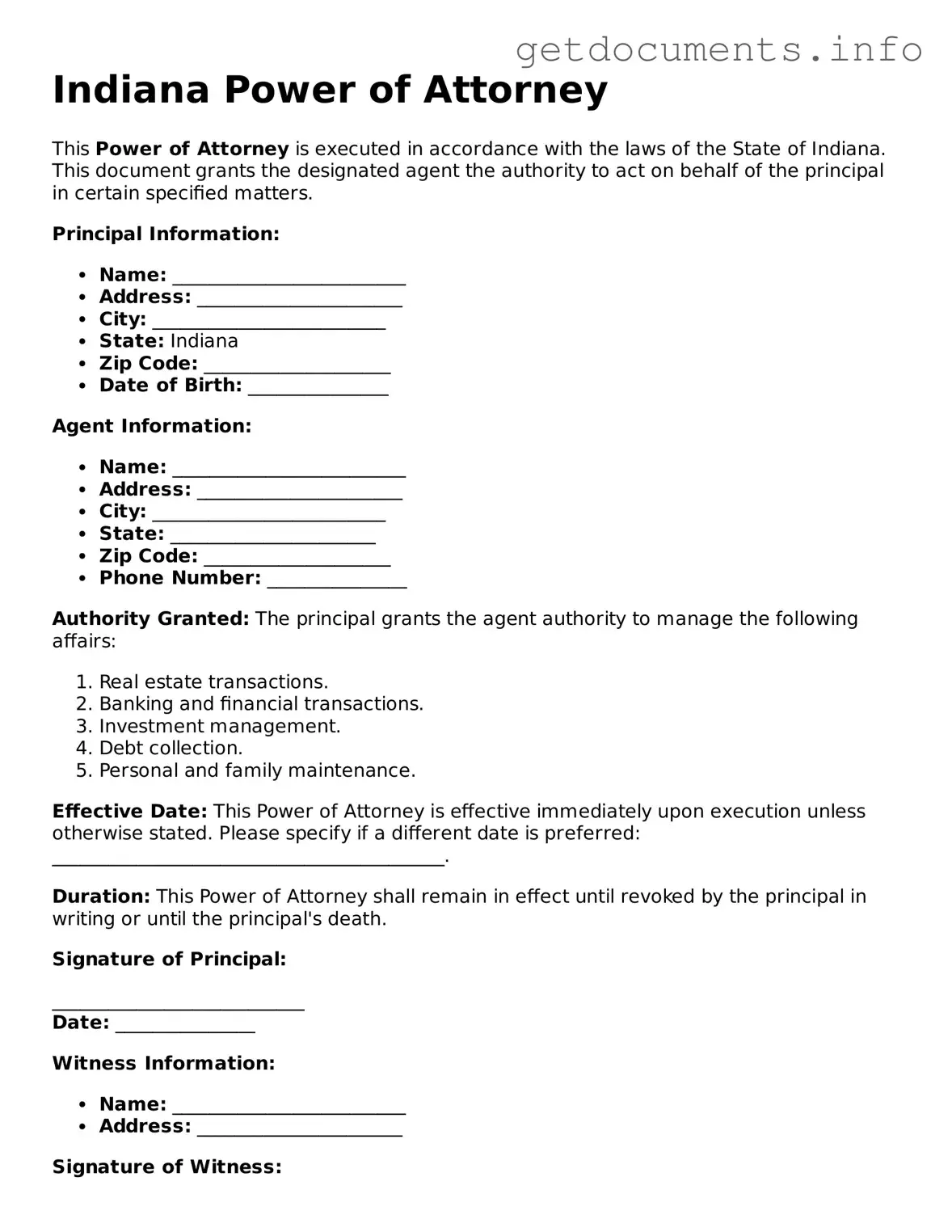 Free Power of Attorney Template for Indiana