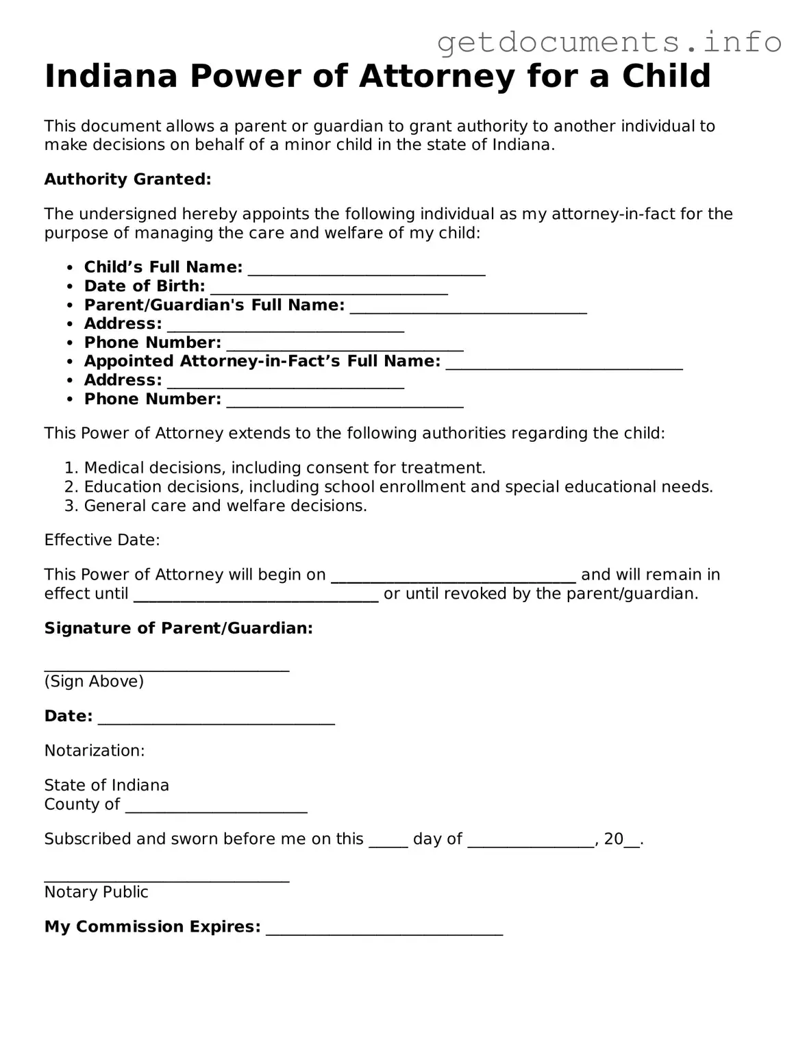 Free Power of Attorney for a Child Template for Indiana