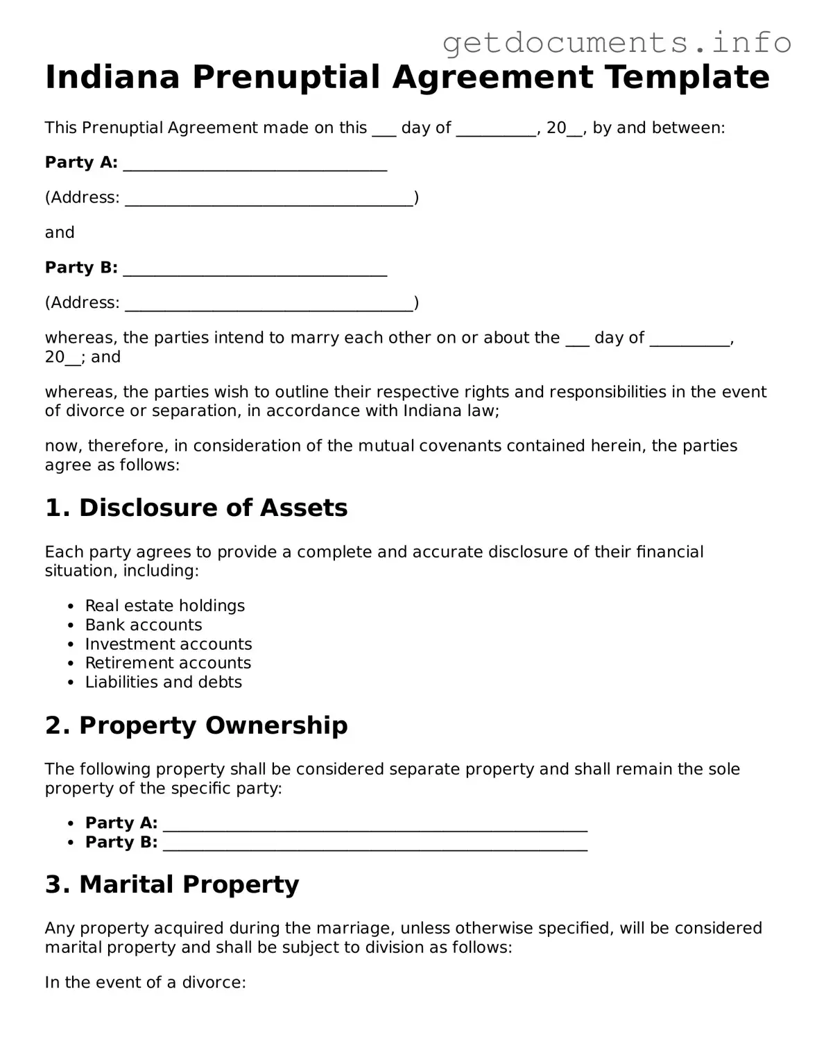 Free  Prenuptial Agreement Template for Indiana