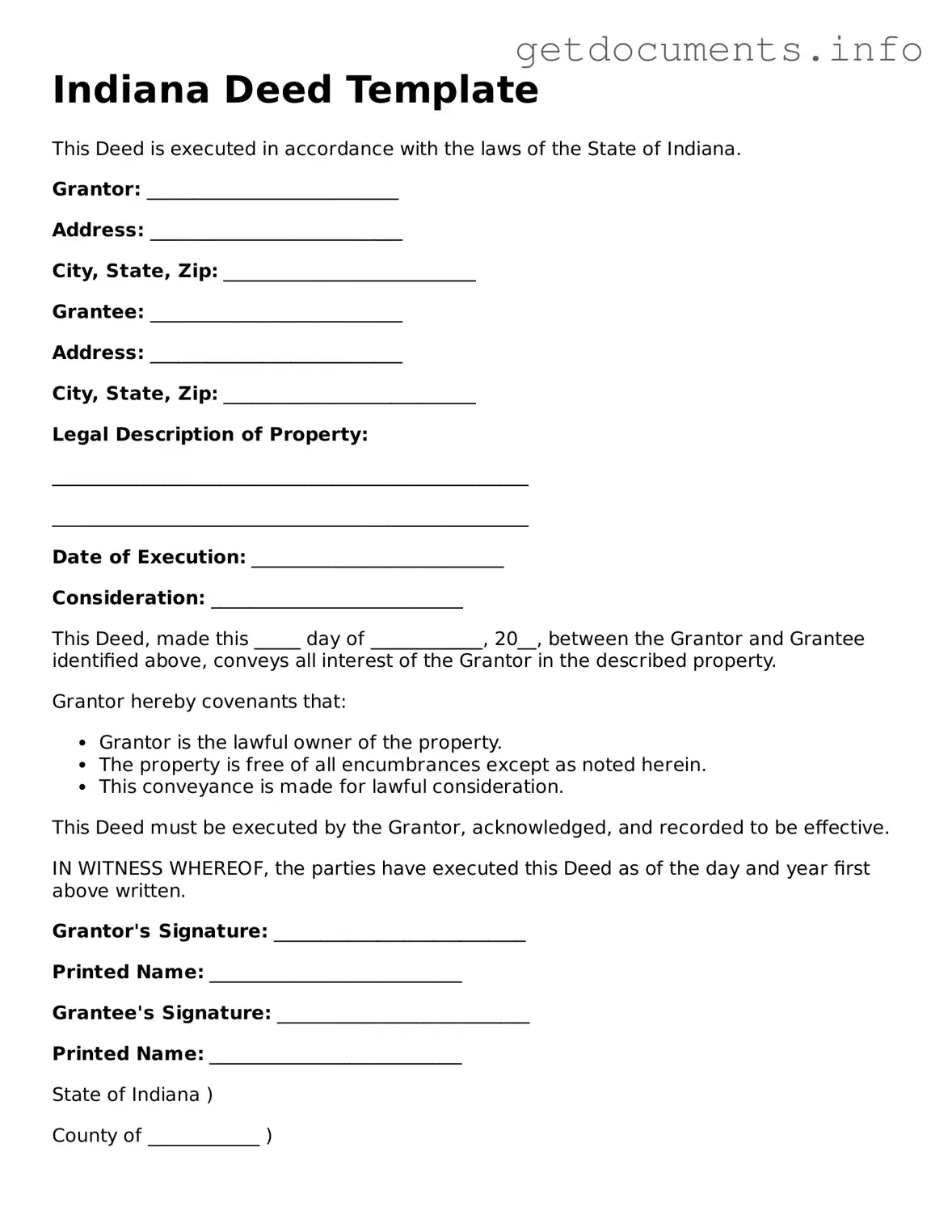 Free Deed Template for Indiana