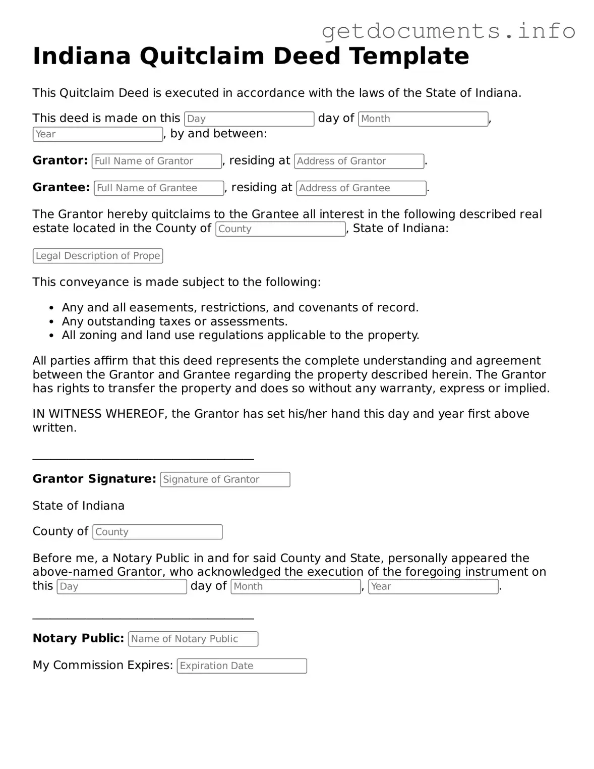 Free Quitclaim Deed Template for Indiana