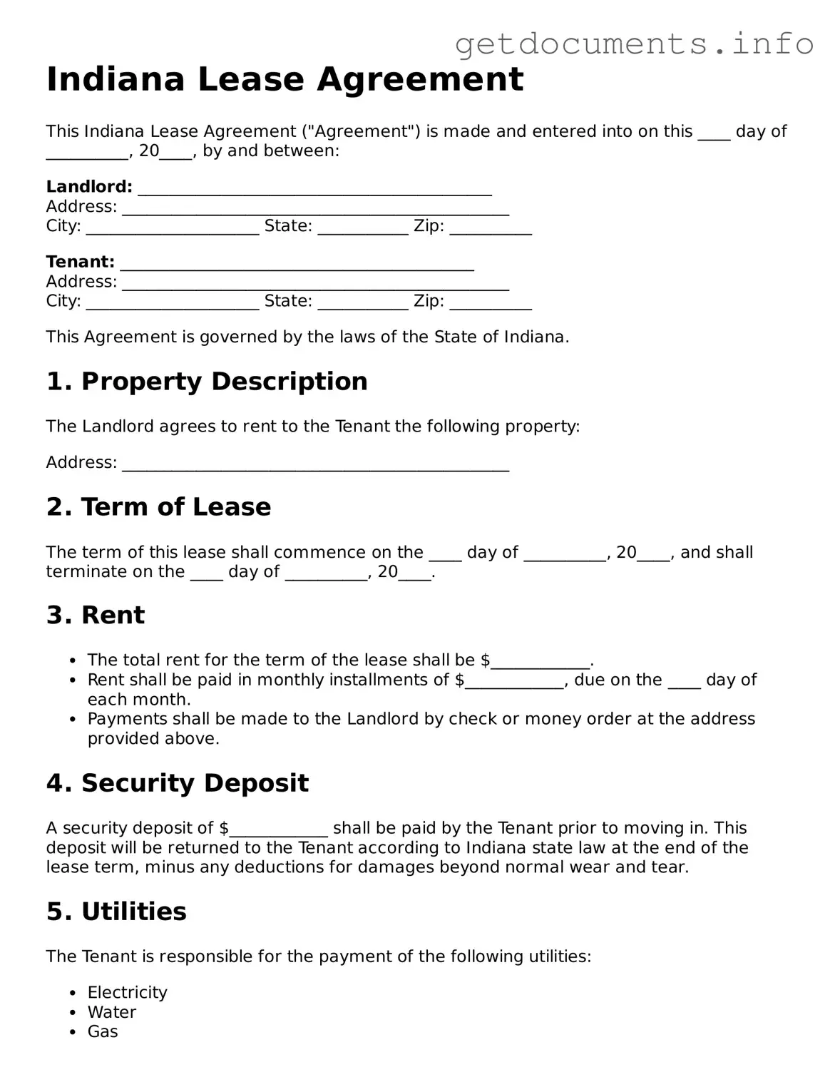 Free  Lease Agreement Template for Indiana