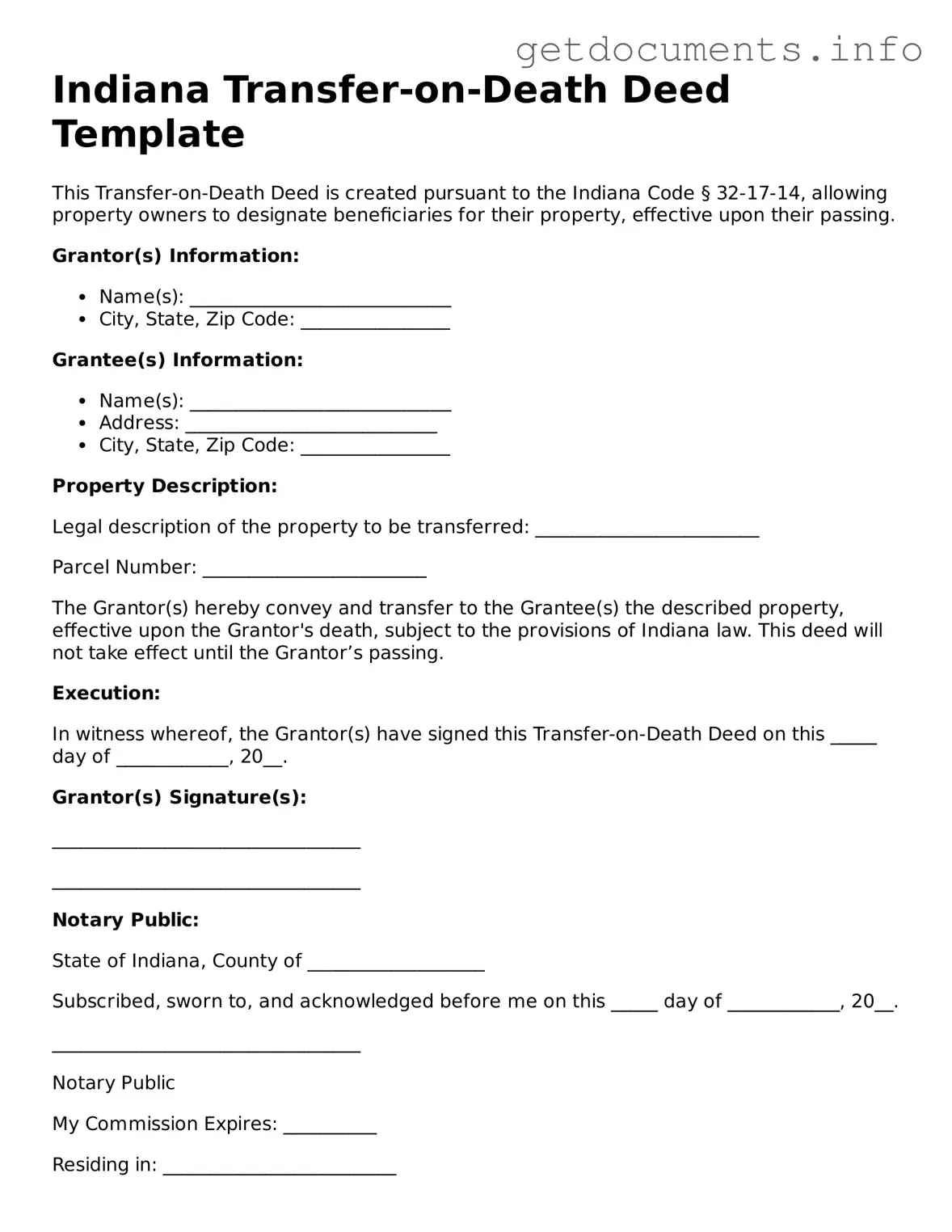 Free Transfer-on-Death Deed Template for Indiana